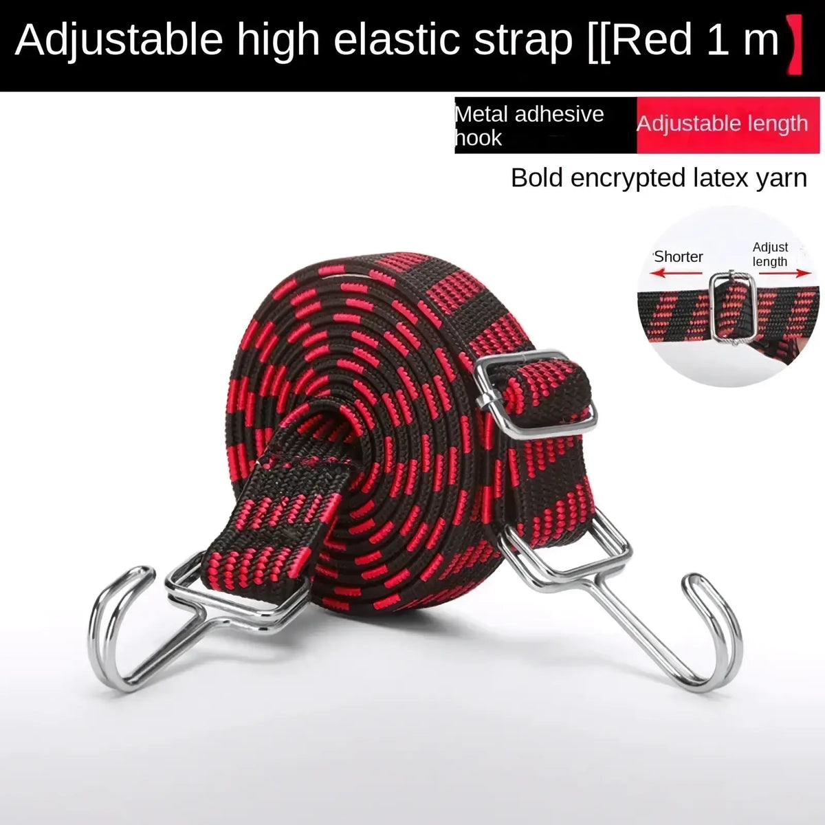 Red and black adjustable elastic motorcycle luggage strap with metal hooks for bike and car roof rack use