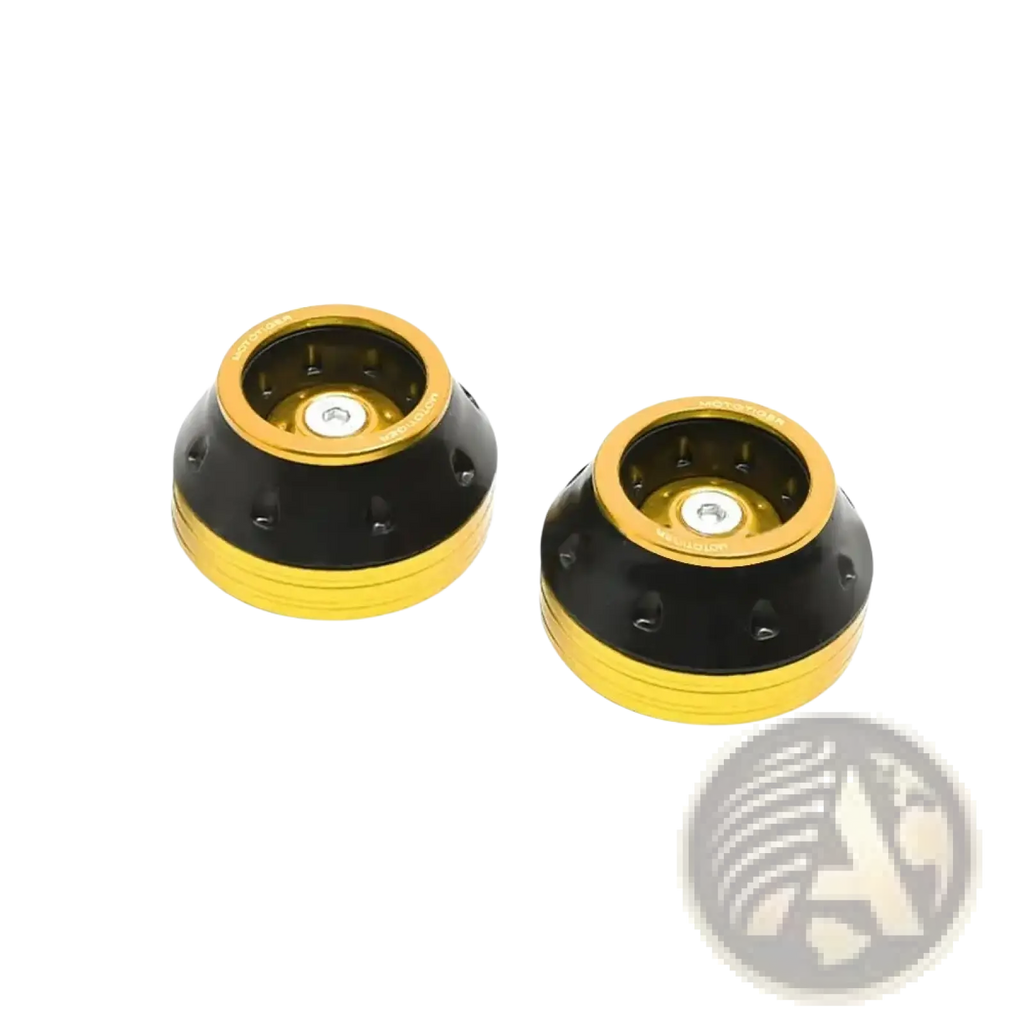 Gold and black motorcycle fork sliders with textured two-tone design for anti crash protection on front forks