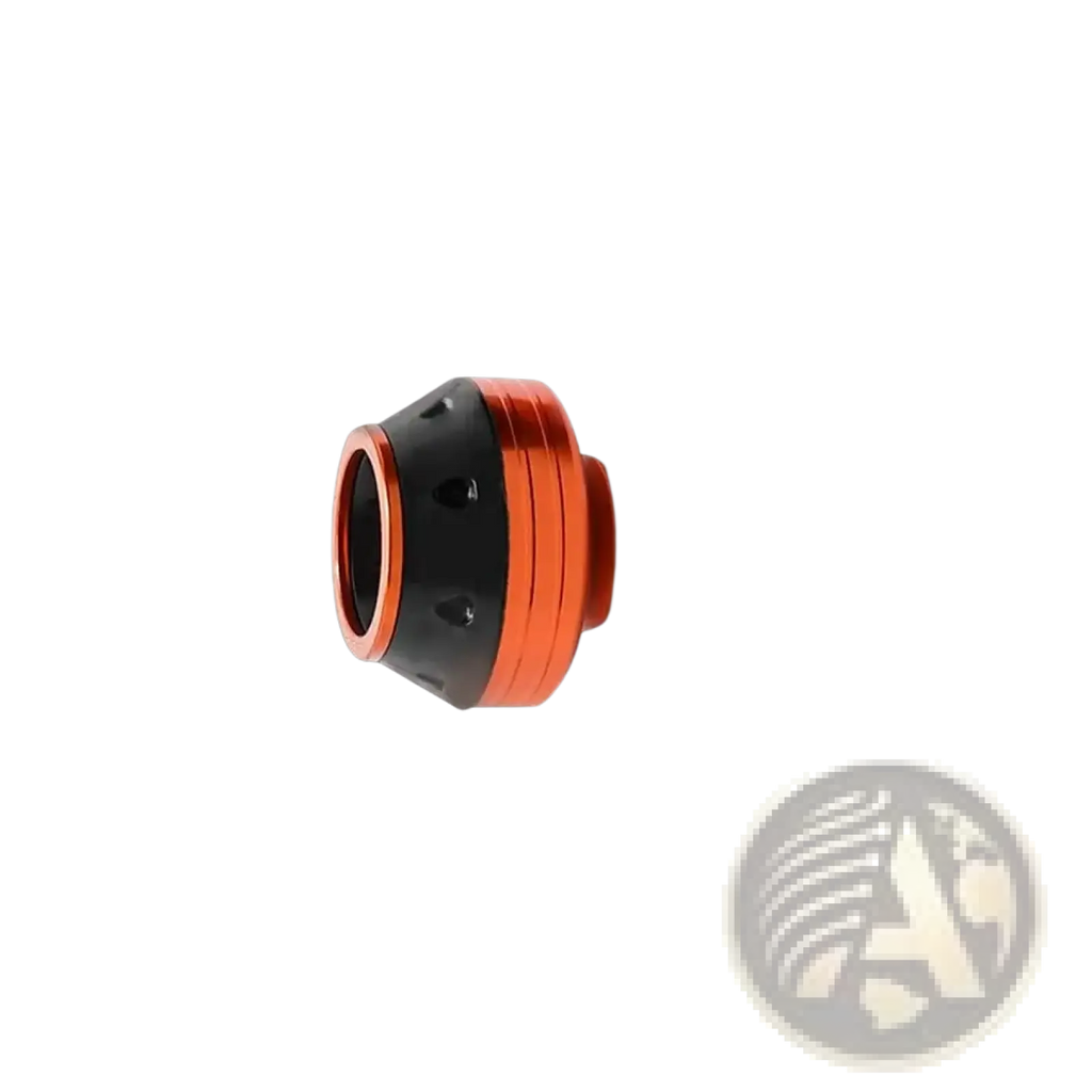 Orange and black metallic motorcycle fork sliders with a cylindrical design for anti crash protection