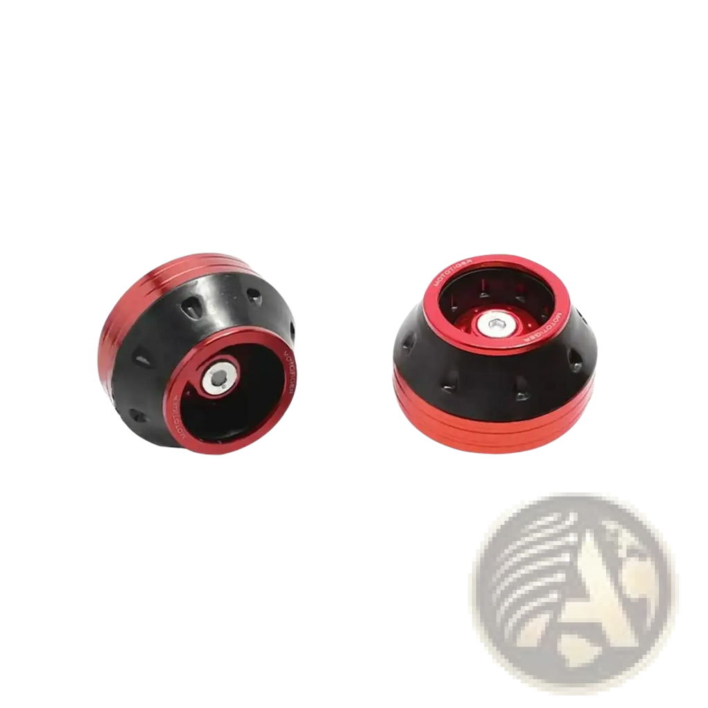 Red and black motorcycle fork sliders with sleek metallic finish designed as anti crash protectors for front forks