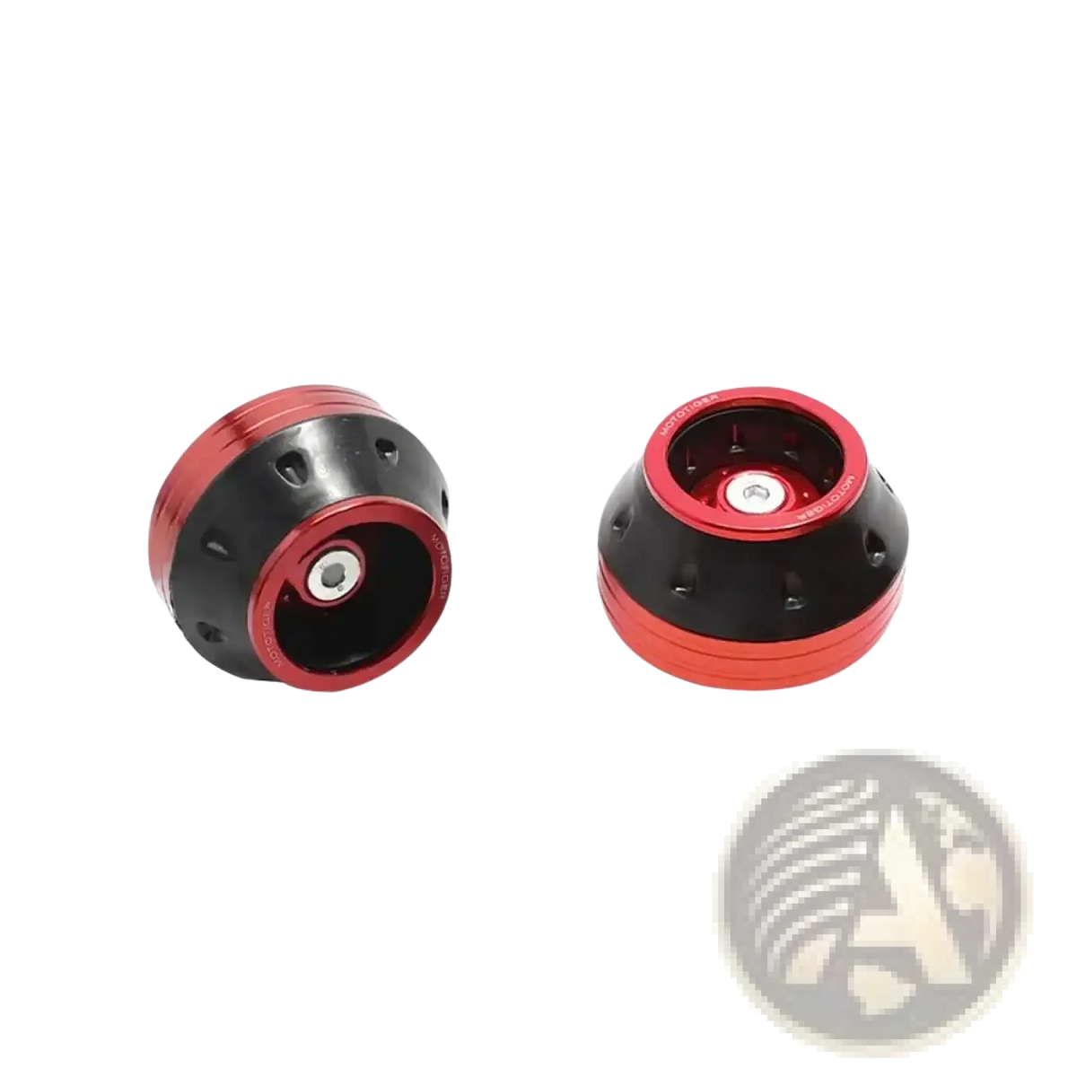 Red and black motorcycle fork sliders with sleek metallic finish designed as anti crash protectors for front forks
