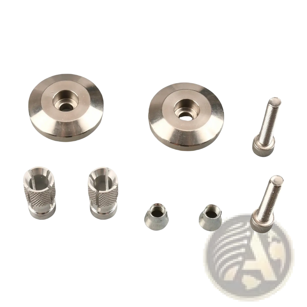 Set of metallic universal expansion plugs and handle end caps for motorcycle with two circular flanges and threaded bolts