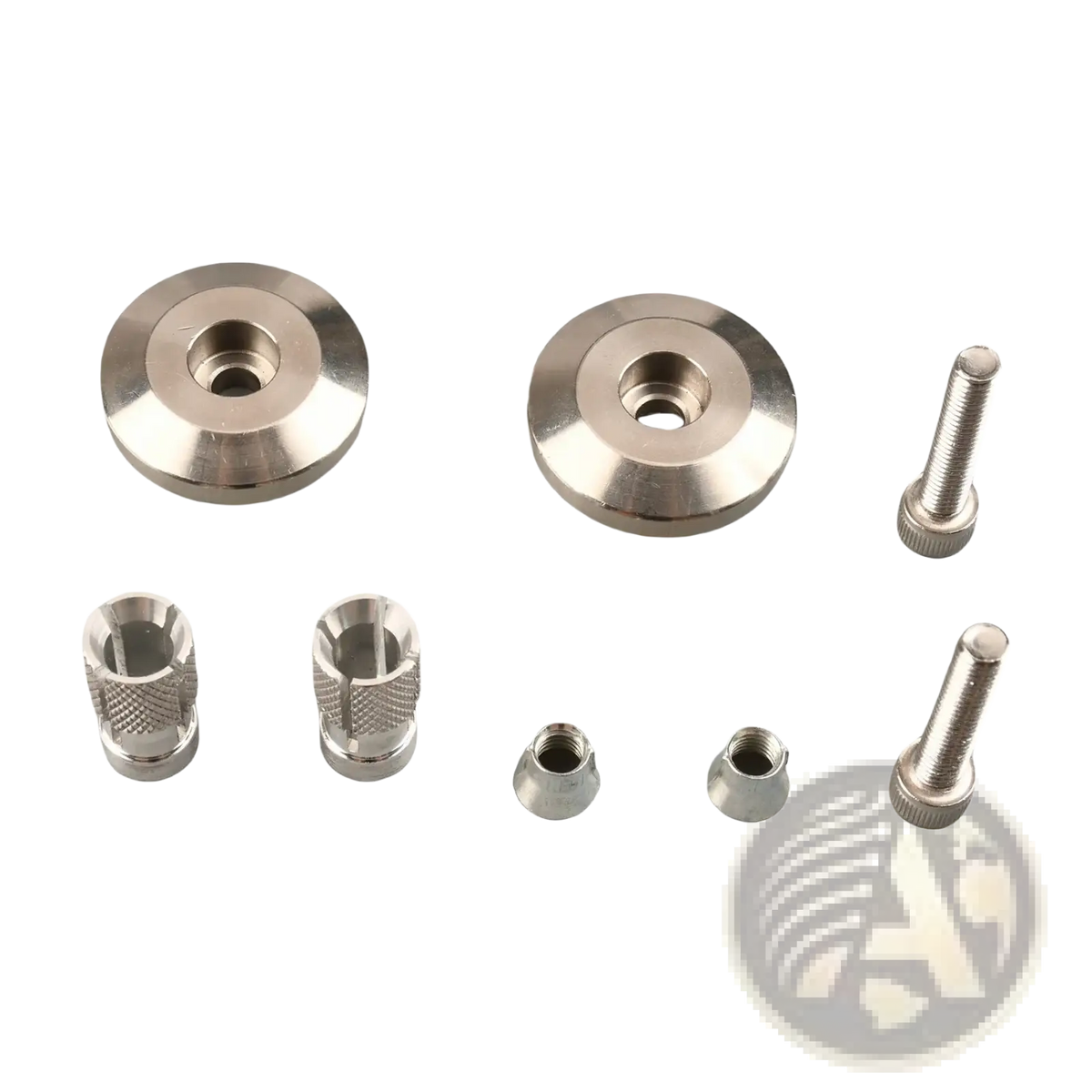 Set of metallic universal expansion plugs and handle end caps for motorcycle with two circular flanges and threaded bolts