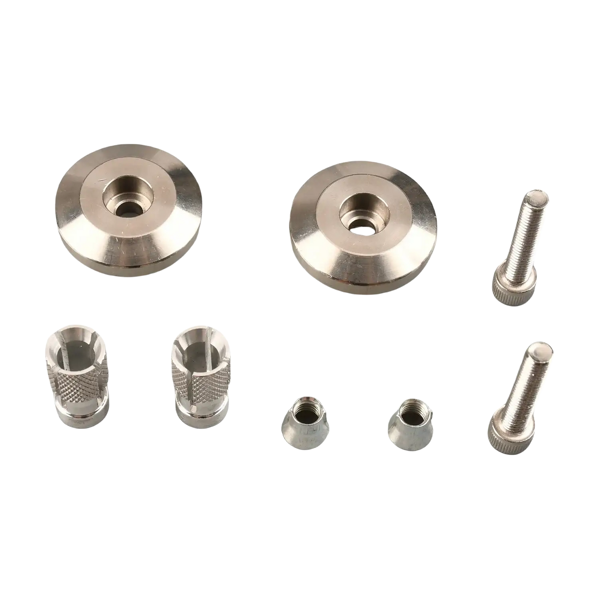 Set of metallic universal expansion plugs and handle end caps for motorcycle with two circular flanges and threaded bolts