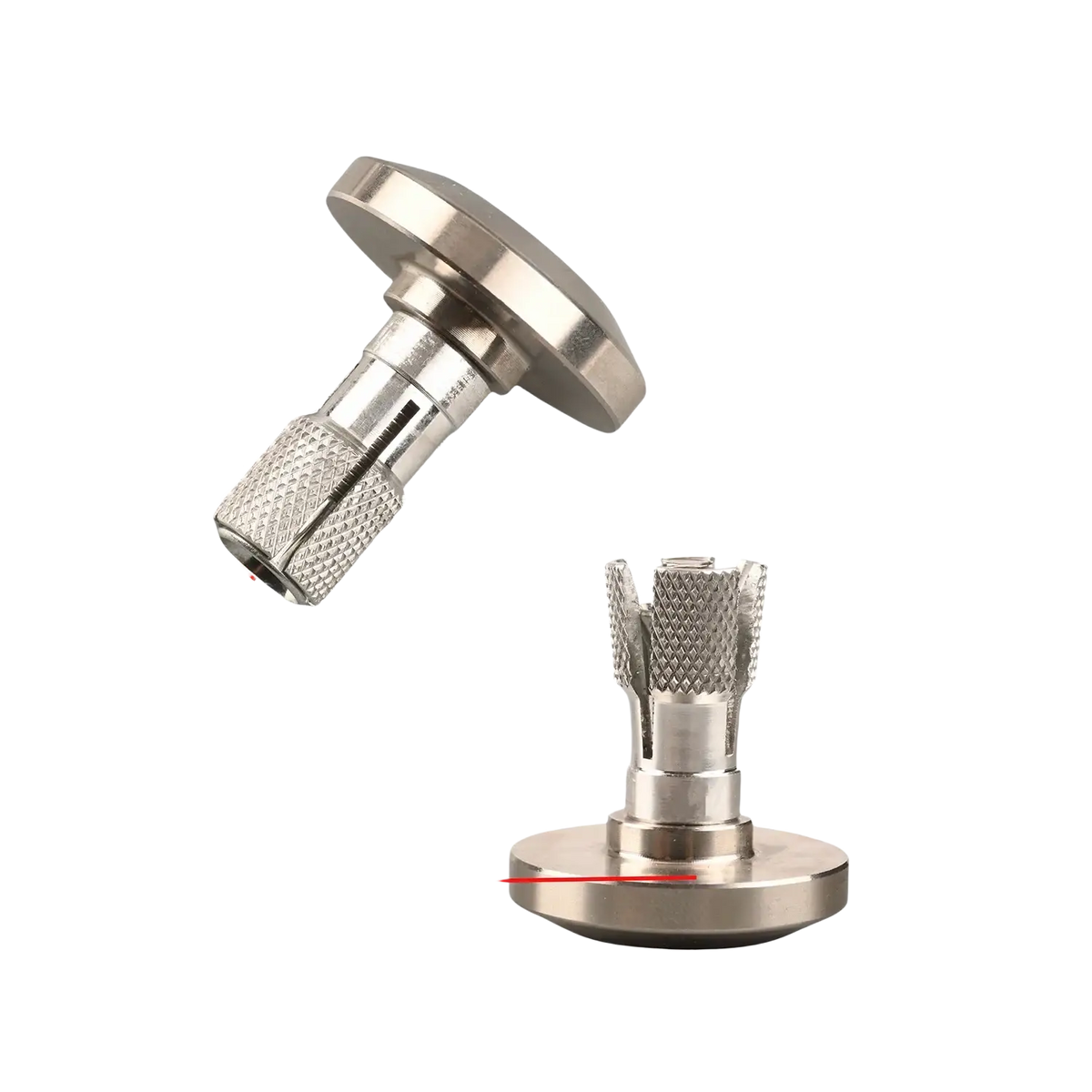 Silver metallic motorcycle handle end caps with knurled grip and precise dimensional markings for universal expansion plugs