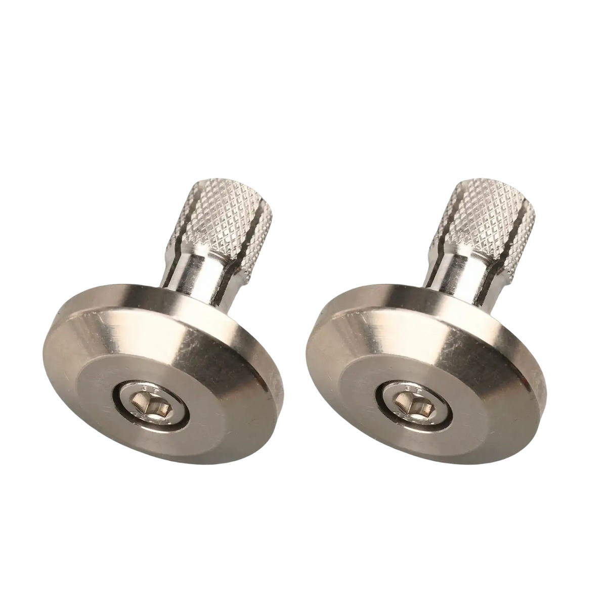 Motorcycle handle end caps universal expansion plugs are silver-toned adjustable metallic knobs with diamond-patterned tops