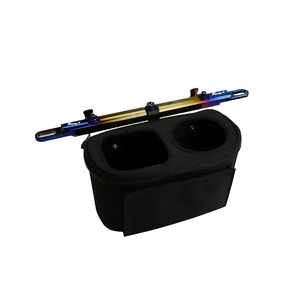 Black fabric motorcycle handlebar balance bar phone mount set with two cup holder compartments and rainbow metal bar