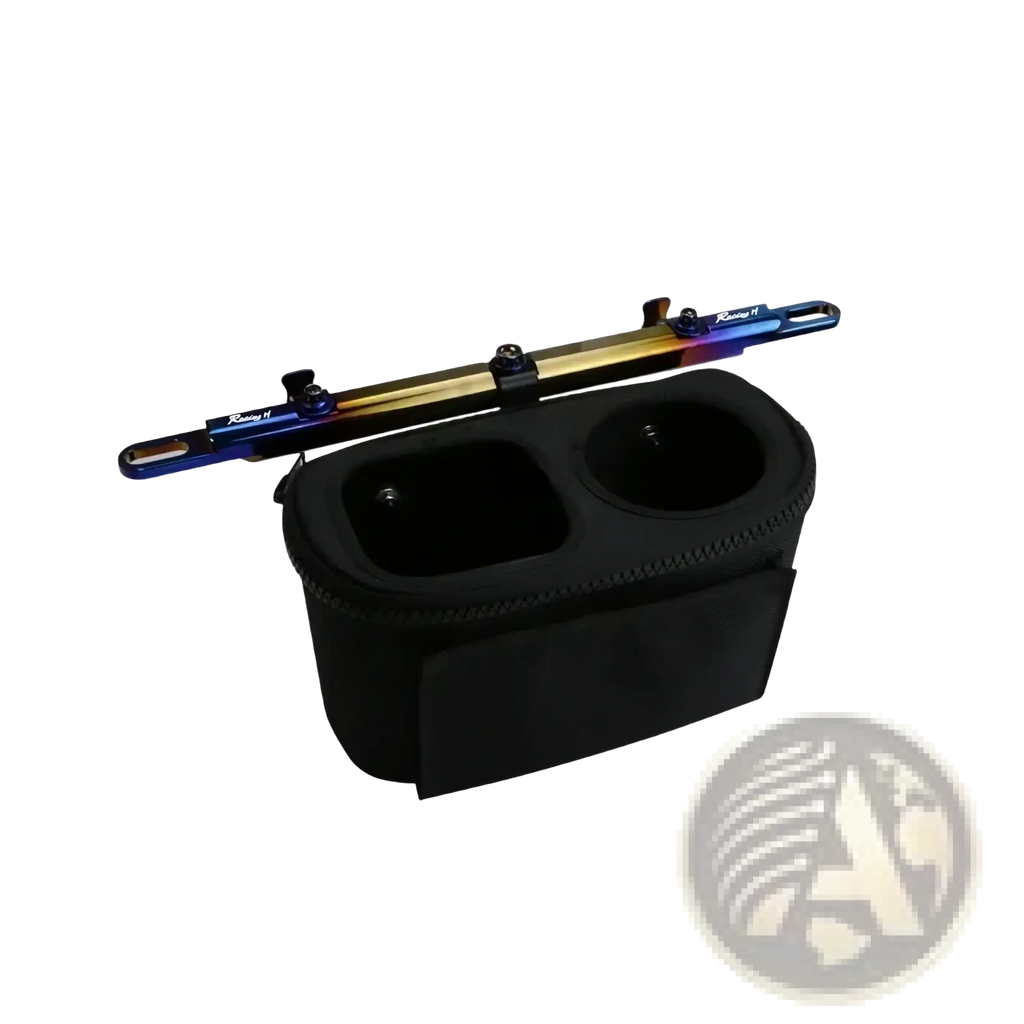 Black fabric motorcycle handlebar balance bar phone mount set with two cup holder compartments and rainbow metal bar