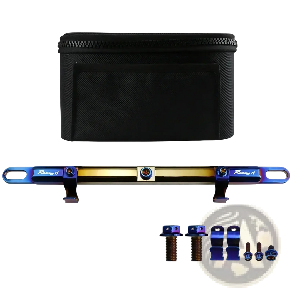 Blue and gold titanium motorcycle handlebar balance bar with black zippered carrying case for phone mount set