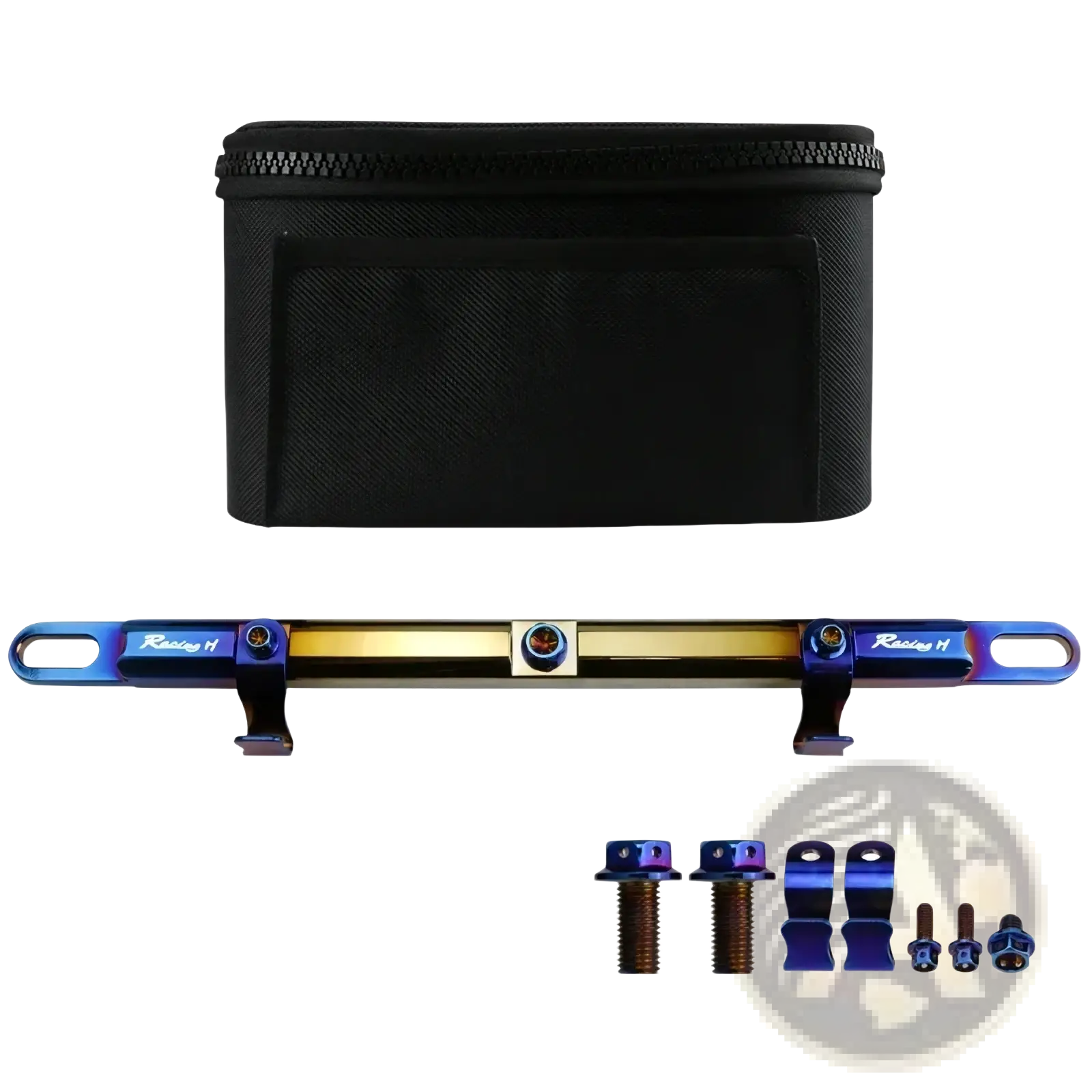 Blue and gold titanium motorcycle handlebar balance bar with black zippered carrying case for phone mount set