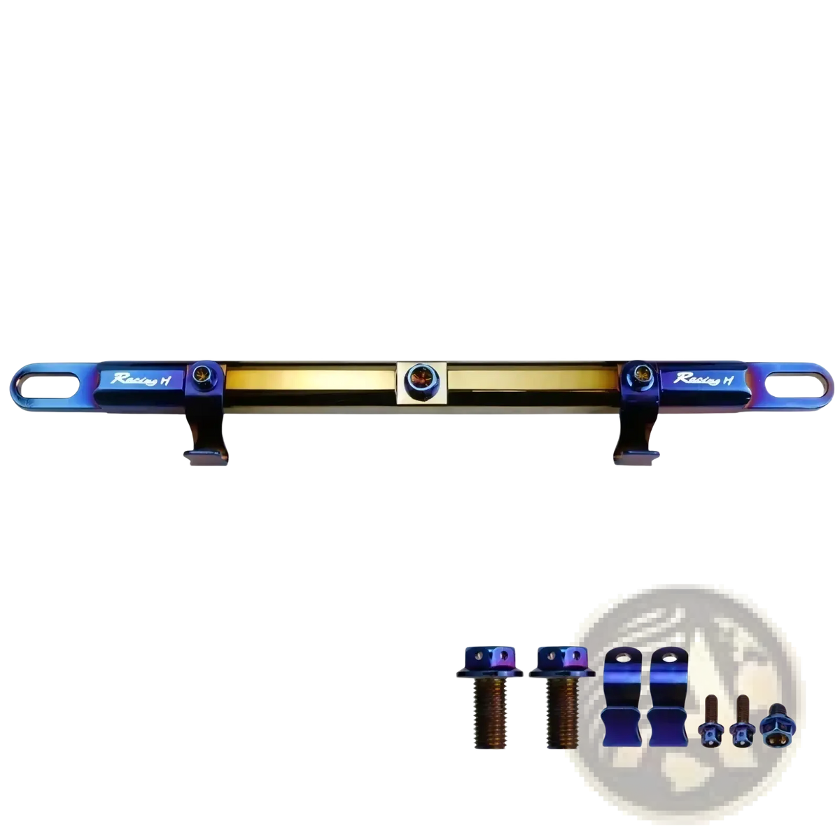 Blue and gold titanium motorcycle handlebar balance bar phone mount set with racing h branding for secure attachment