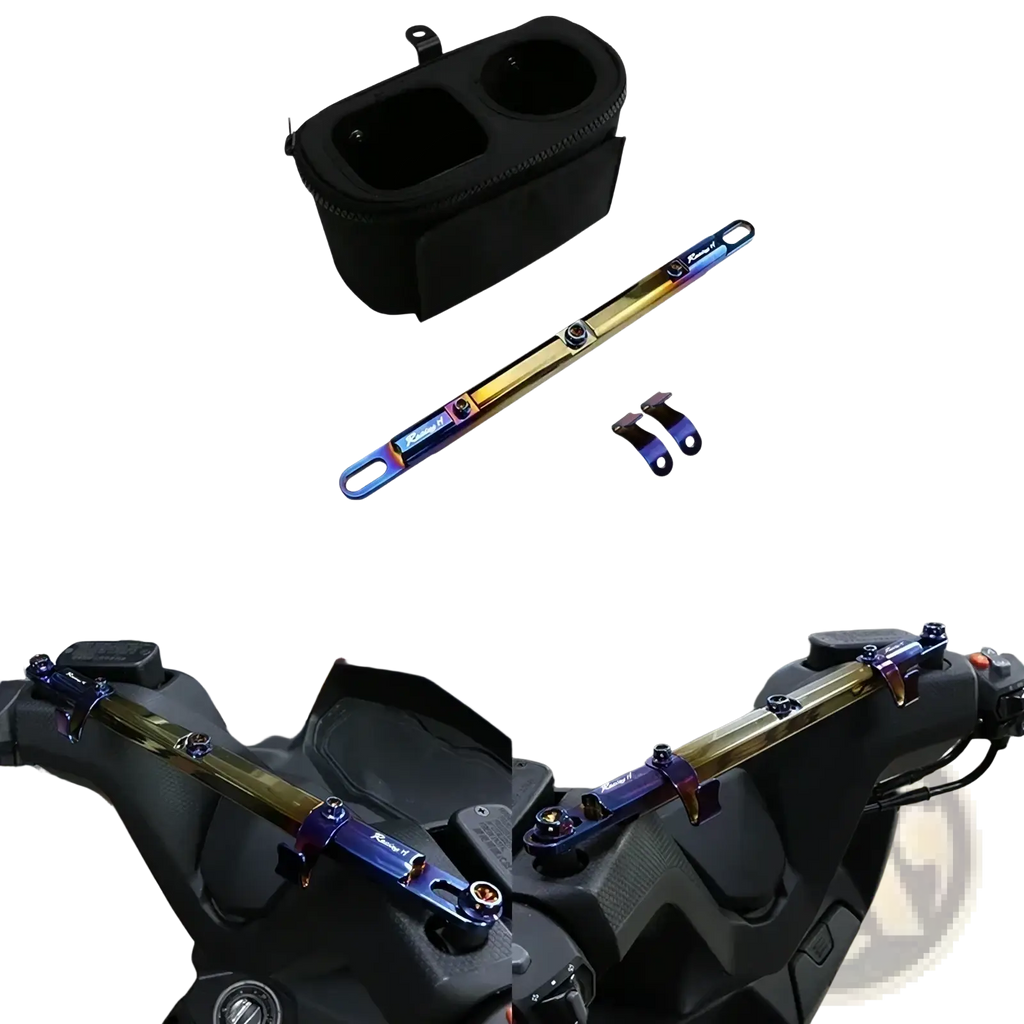 Iridescent rainbow-colored motorcycle handlebar balance bar with black mounting brackets and a matching black cup holder pouch