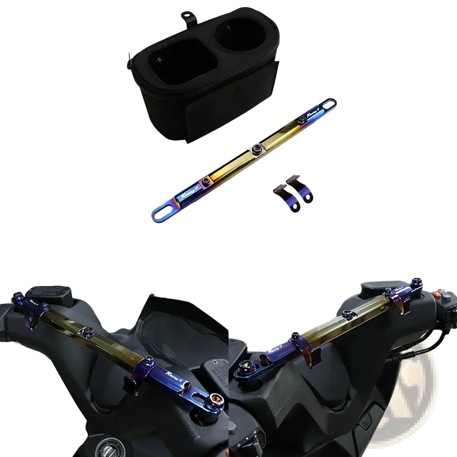 Iridescent rainbow-colored motorcycle handlebar balance bar with black mounting brackets and a matching black cup holder pouch