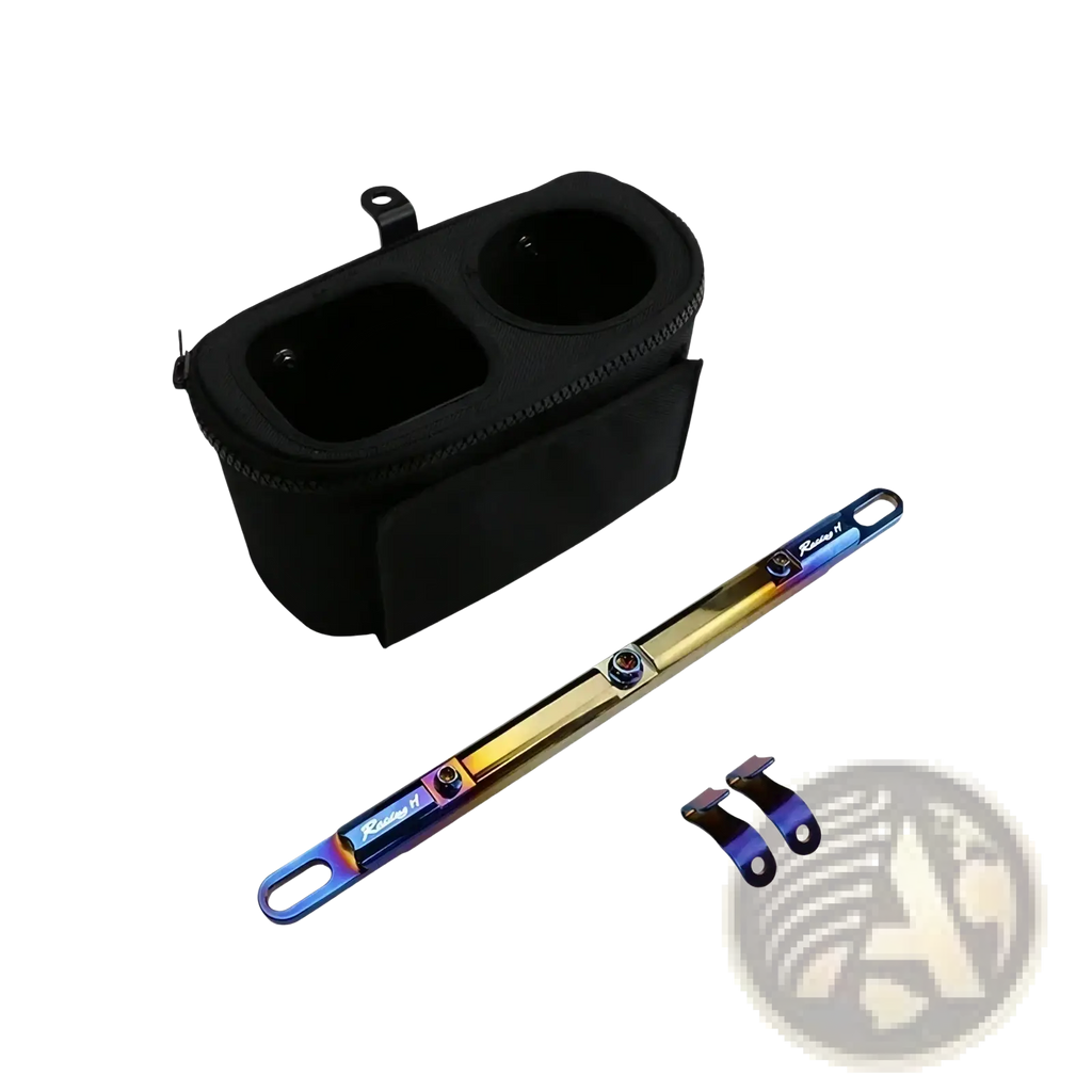 Rainbow-colored titanium motorcycle handlebar balance bar phone mount with black zippered cup holder accessory