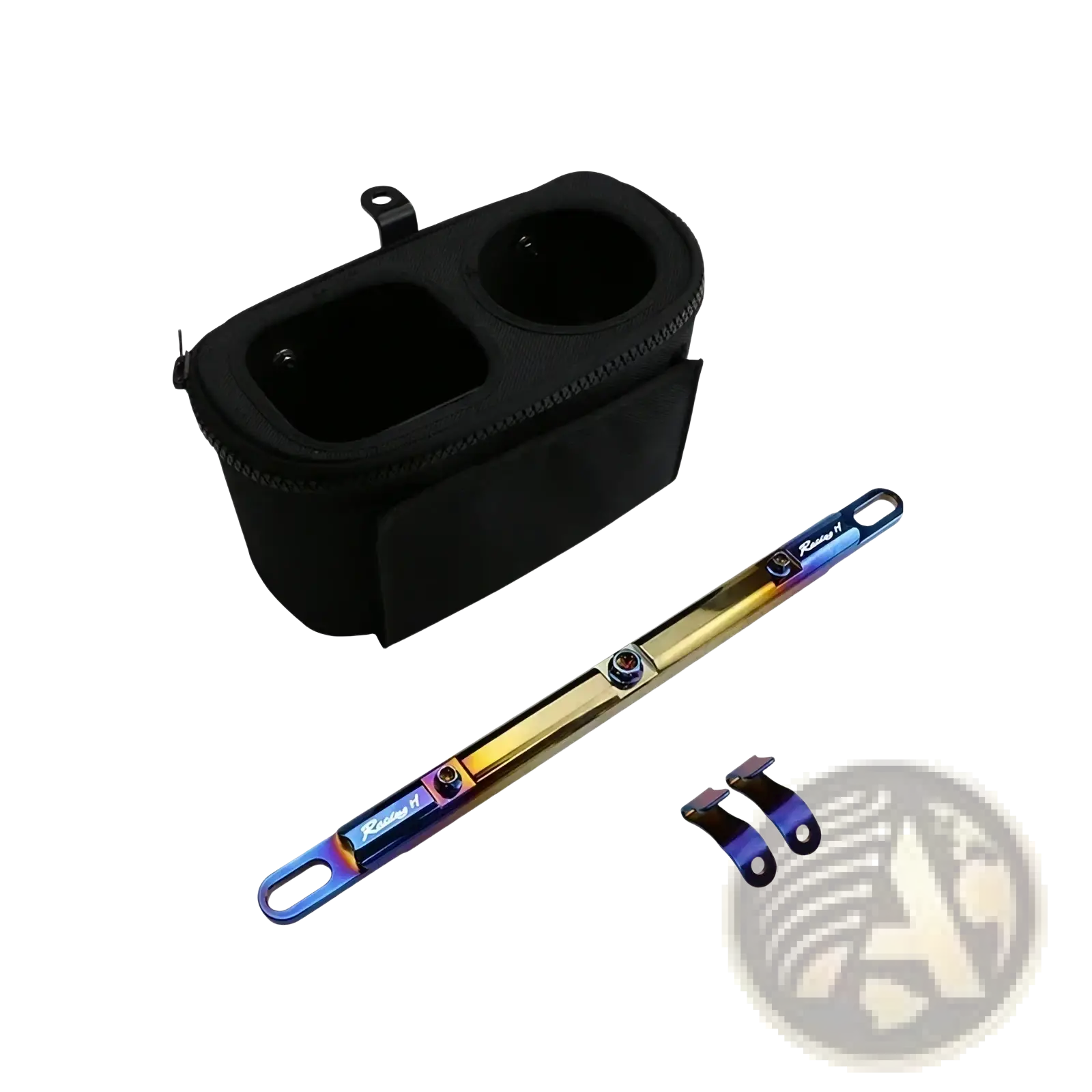 Rainbow-colored titanium motorcycle handlebar balance bar phone mount with black zippered cup holder accessory