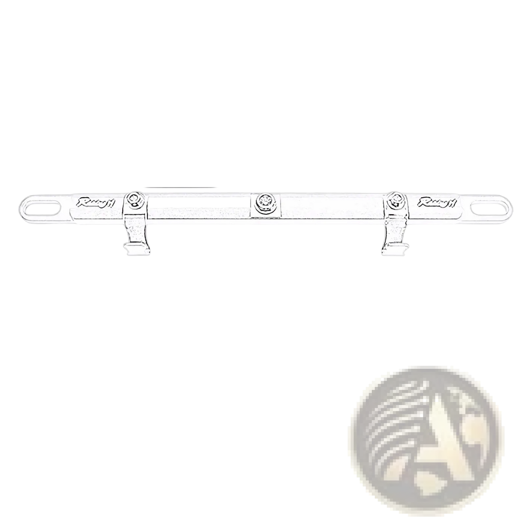 Silver metallic motorcycle handlebar balance bar phone mount with two adjustable clamps and engraved branding