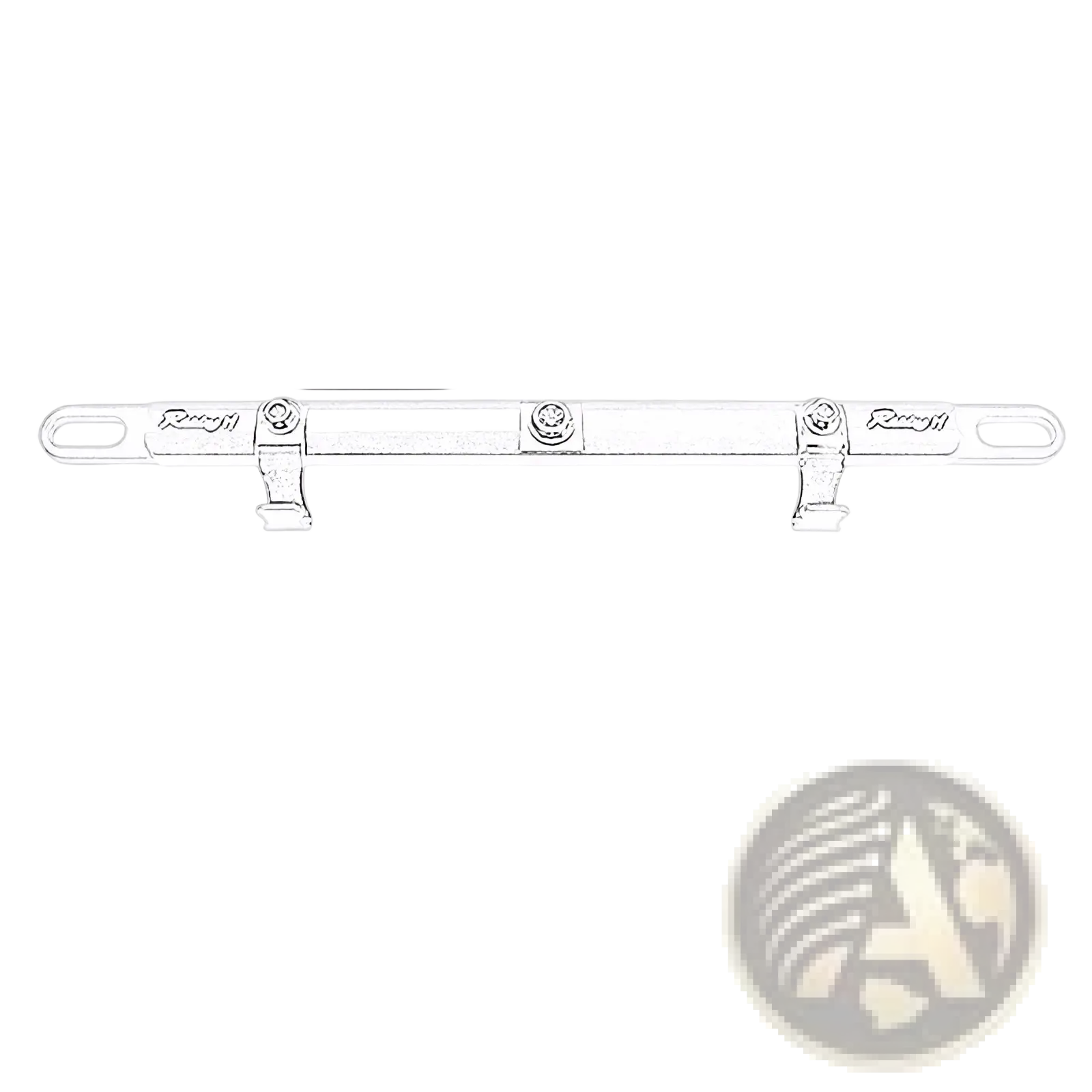 Silver metallic motorcycle handlebar balance bar phone mount with two adjustable clamps and engraved branding