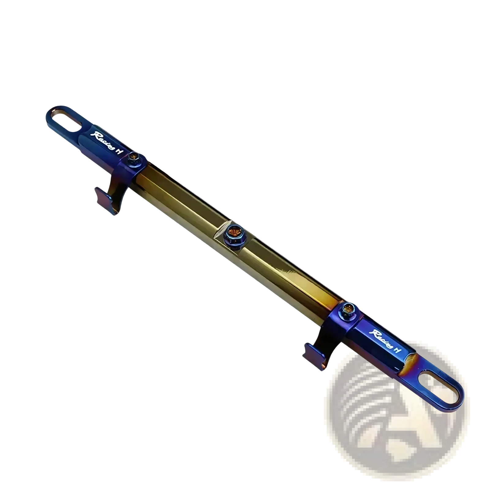 A sleek iridescent blue and gold motorcycle handlebar balance bar phone mount set with race h branding on both ends
