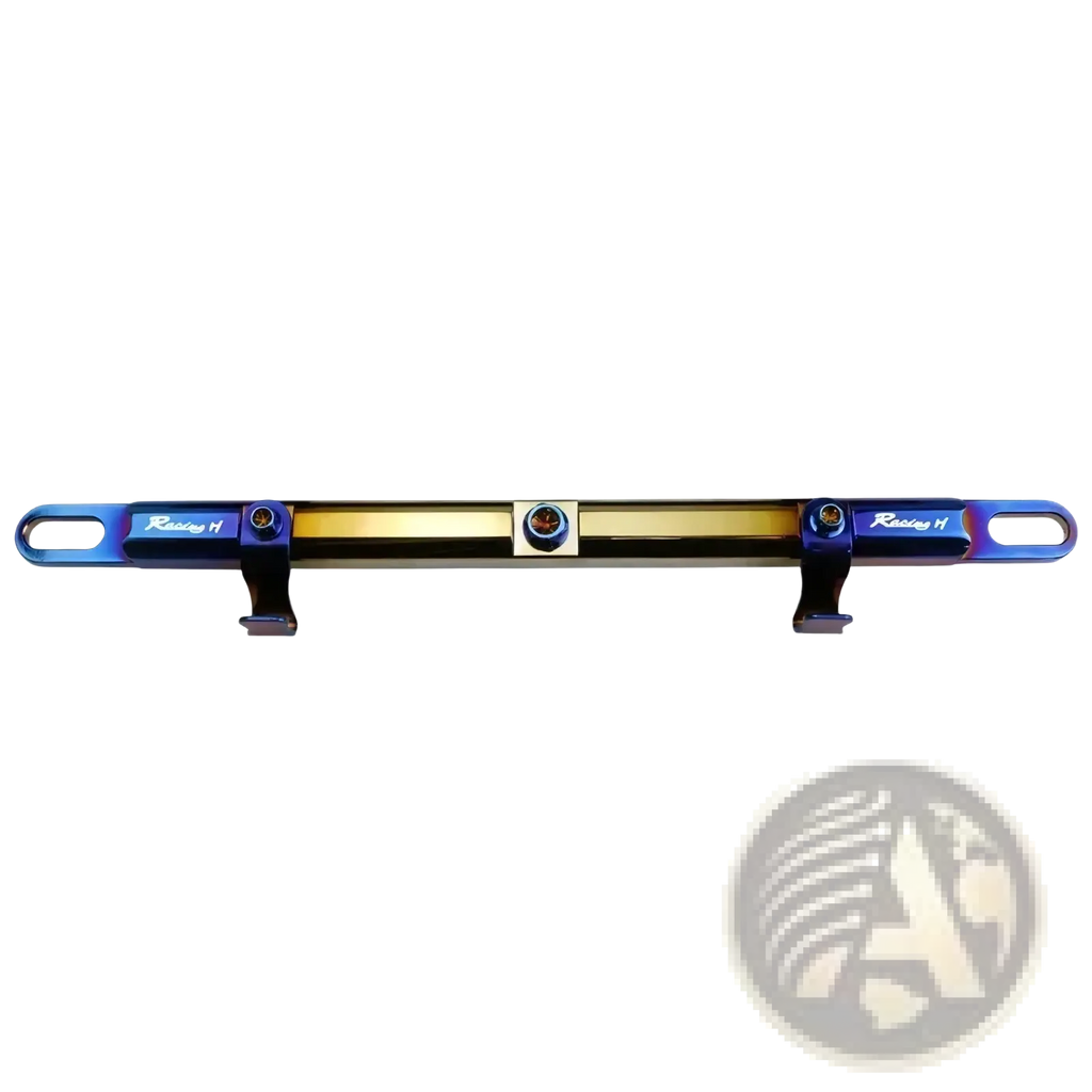 A sleek iridescent blue and gold motorcycle handlebar balance bar with racing h engraving on both ends