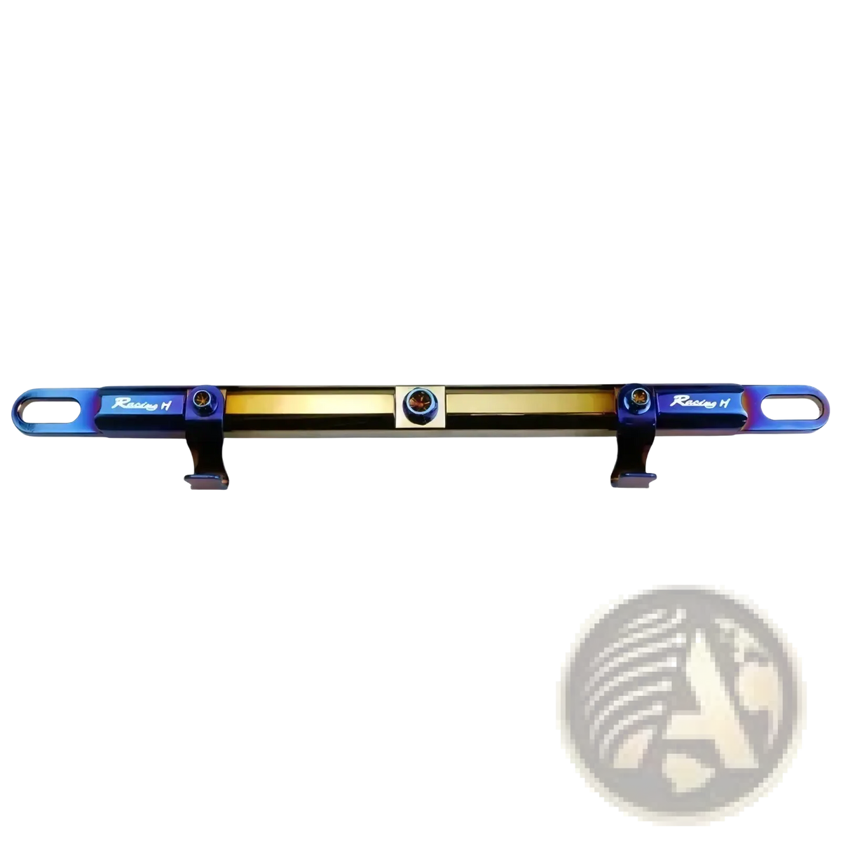 A sleek iridescent blue and gold motorcycle handlebar balance bar with racing h engraving on both ends
