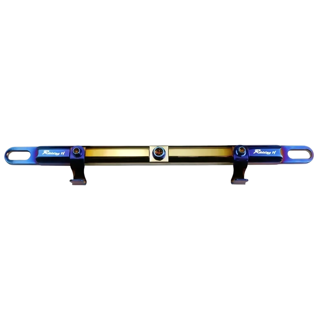 A sleek iridescent blue and gold motorcycle handlebar balance bar with racing h engraving on both ends