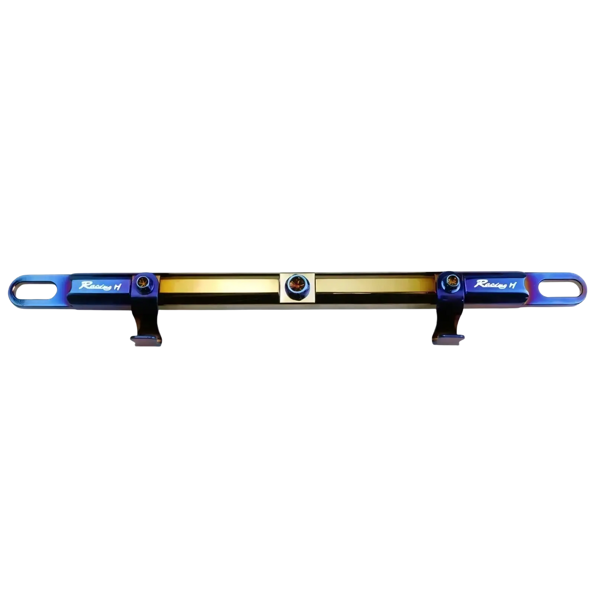 A sleek iridescent blue and gold motorcycle handlebar balance bar with racing h engraving on both ends