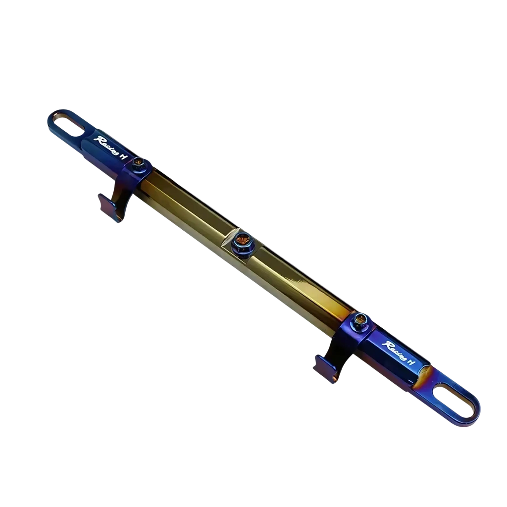 A sleek iridescent blue and gold motorcycle handlebar balance bar phone mount set with race h branding on both ends