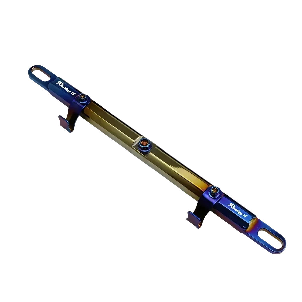 A sleek iridescent blue and gold motorcycle handlebar balance bar phone mount set with race h branding on both ends