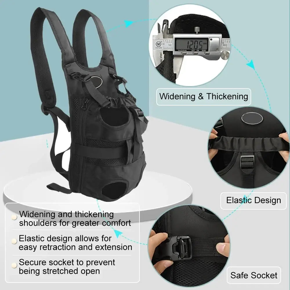Black mesh and fabric motorcycle pet carrier backpack for suzuki v-strom with adjustable elastic straps and secure buckle system