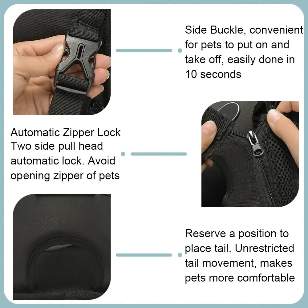 Black nylon pet harness with side buckle and automatic zipper lock for secure comfort in suzuki v-strom carrier backpack