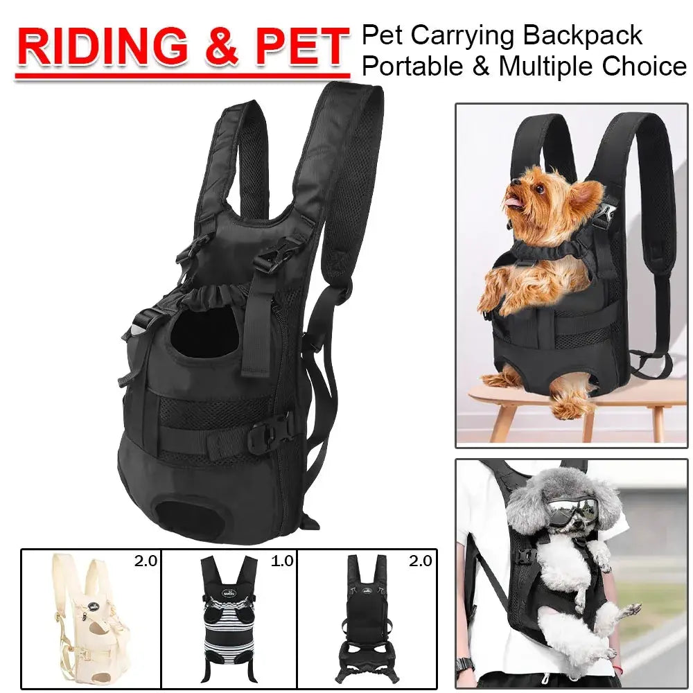 Black tactical pet carrier backpack with mesh panels and adjustable straps for suzuki v-strom motorcycle use