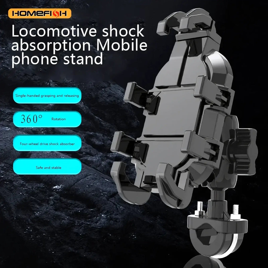 Black plastic locomotive shock absorption motorcycle phone mount with adjustable clamps and 360 degree rotation base