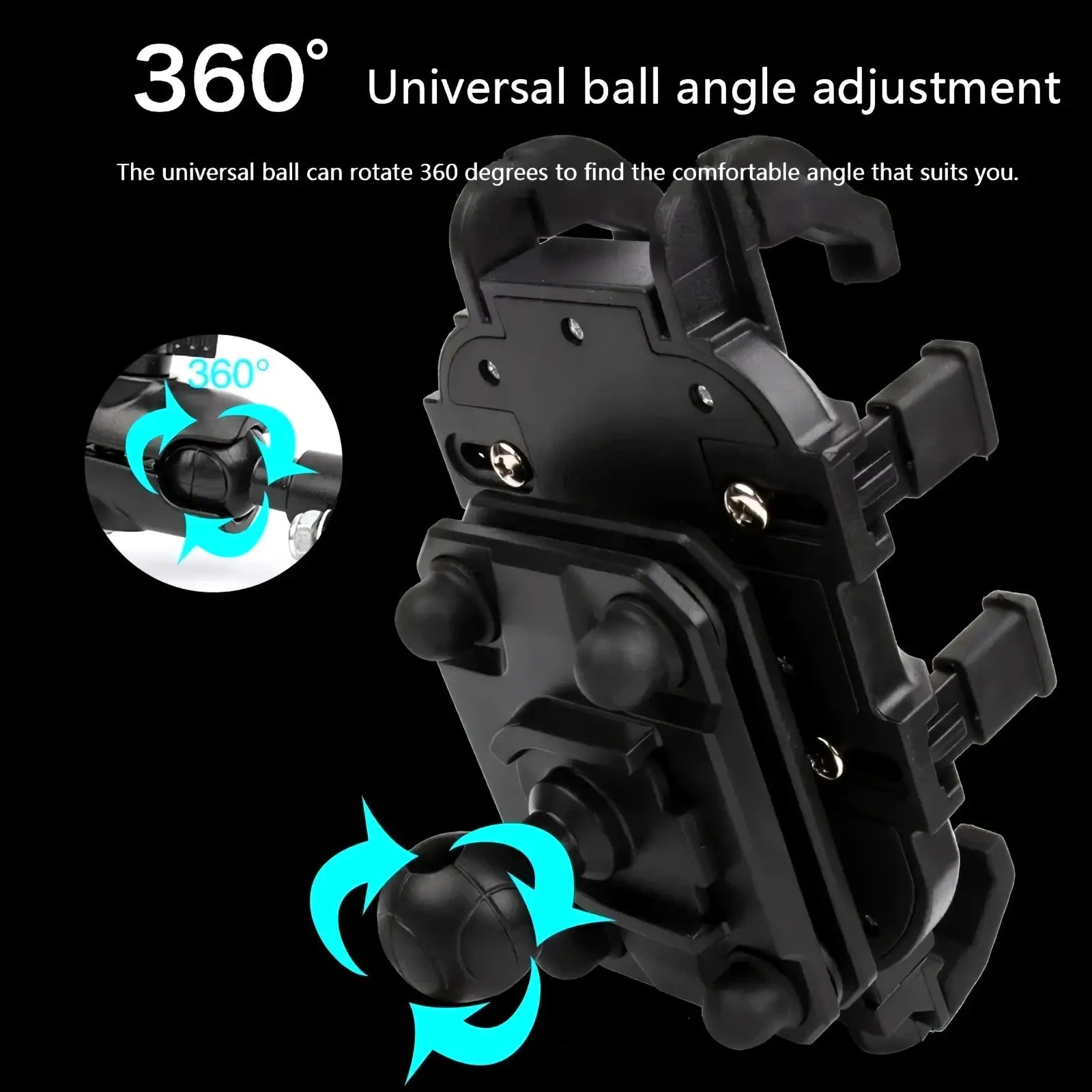 Black plastic universal motorcycle phone mount with adjustable 360 degree ball joint for flexible positioning