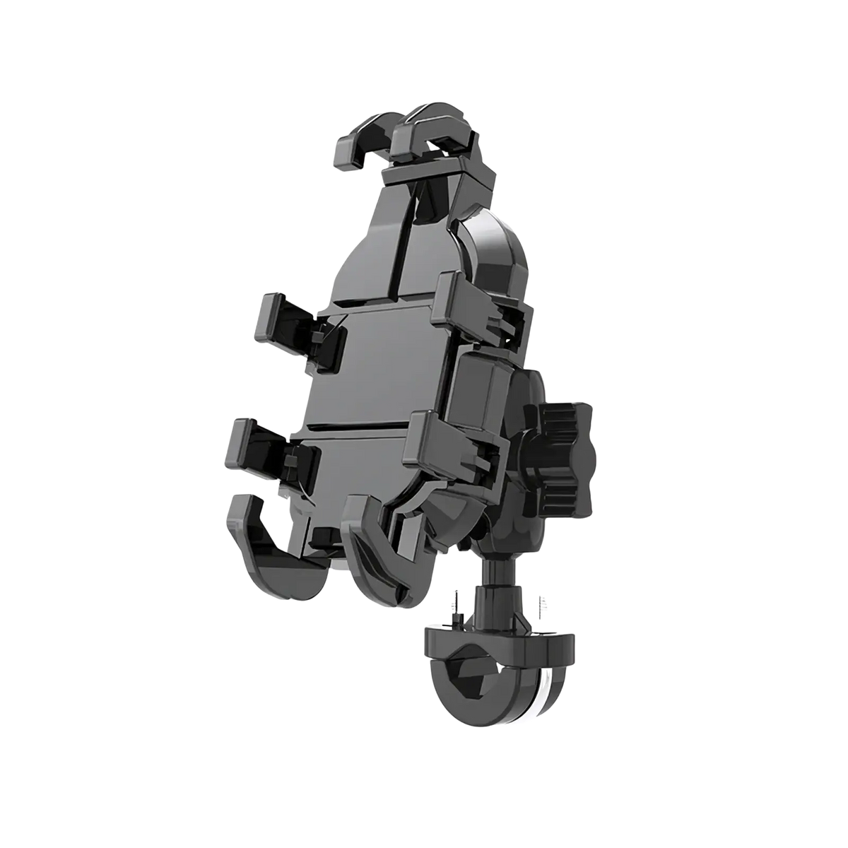Black plastic motorcycle phone mount with adjustable clamps and 360 degree swivel cradle for secure smartphone holding
