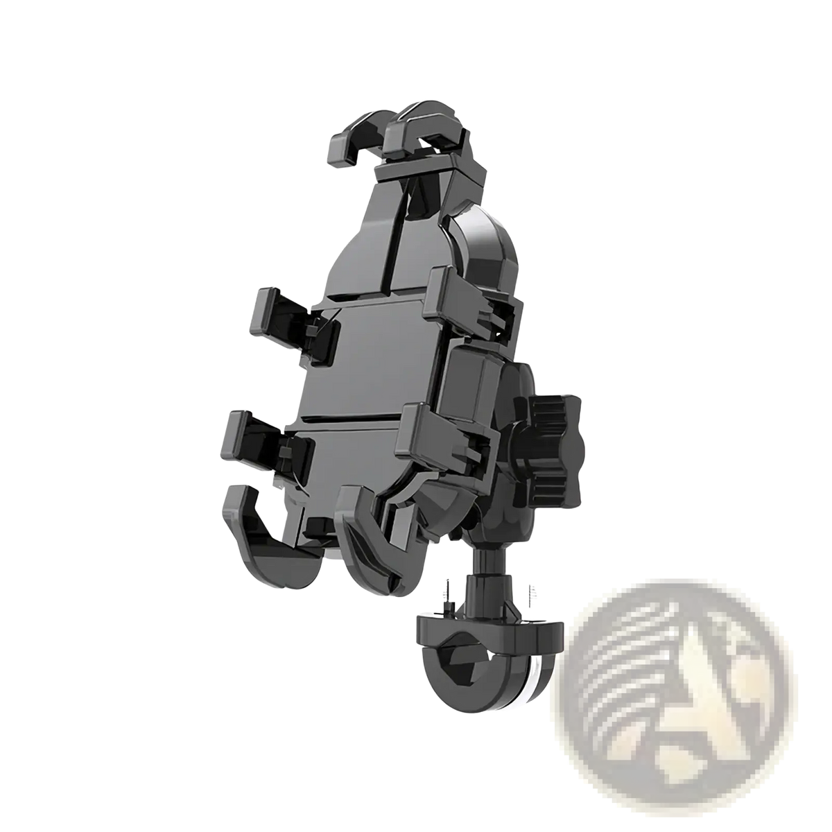 Black plastic motorcycle phone mount with adjustable clamps and 360 degree swivel cradle for secure smartphone holding