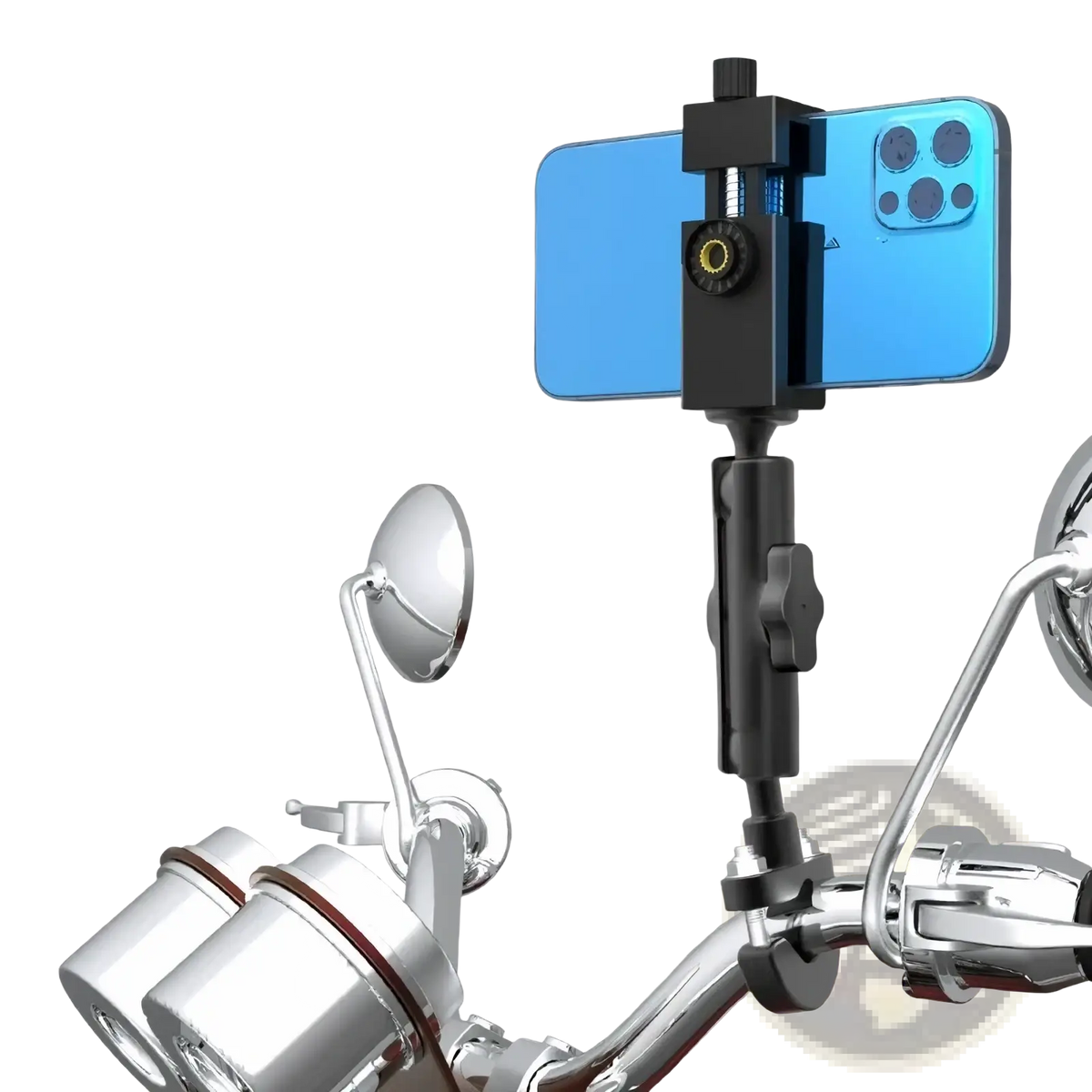 Black adjustable motorcycle phone mount holding a blue smartphone for handlebar use with secure grip design