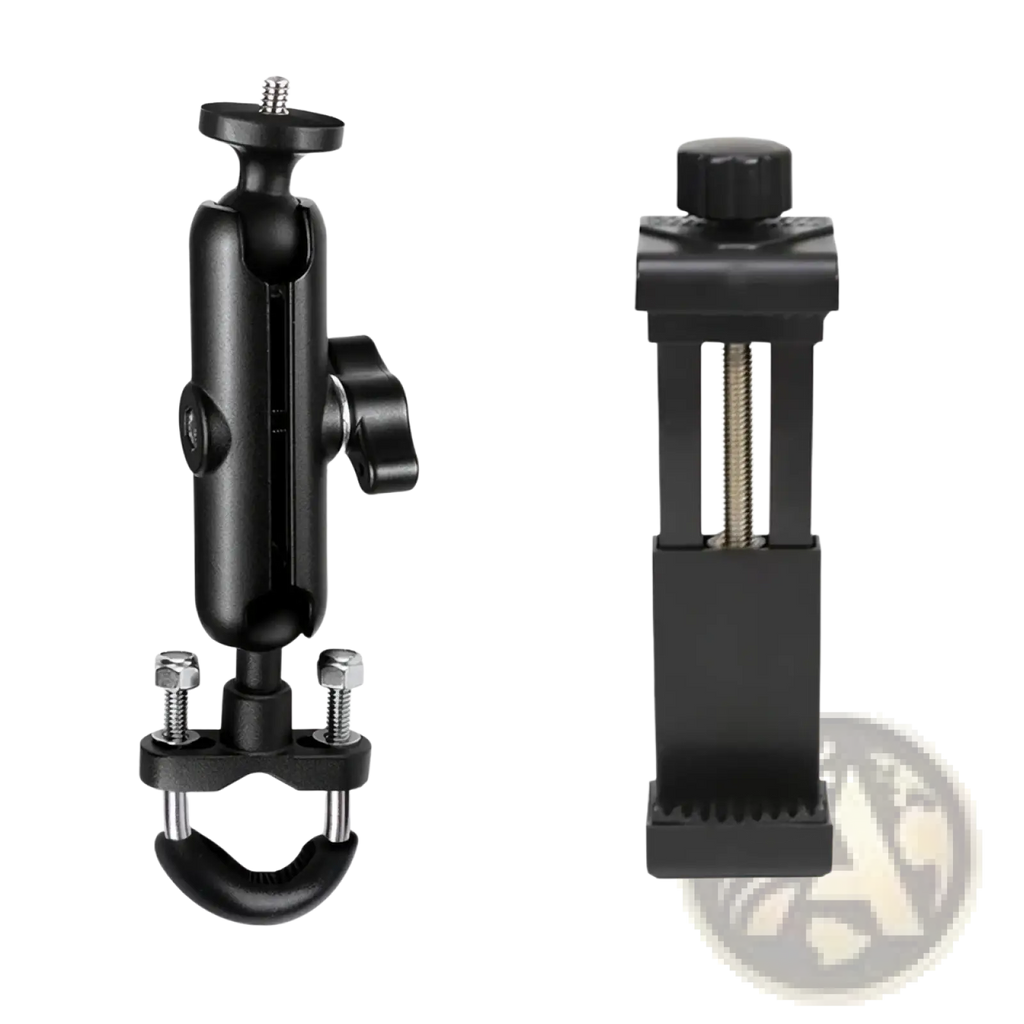 Black adjustable camera mount with clamp and ball joint design for motorcycle phone mount handlebar holder back side view