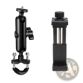Black adjustable camera mount with clamp and ball joint design for motorcycle phone mount handlebar holder back side view