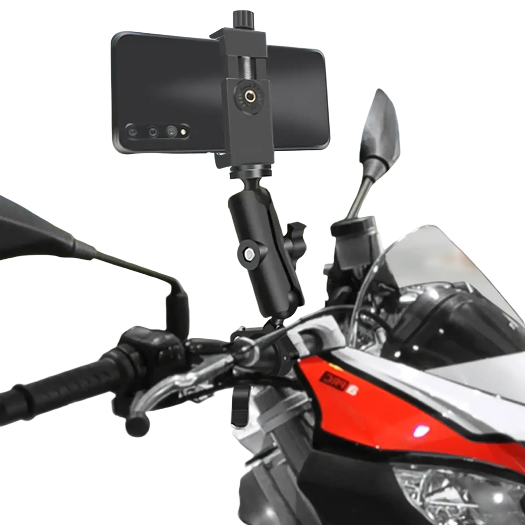 Black adjustable motorcycle phone mount handlebar smartphone holder securely attached to handlebars for easy use