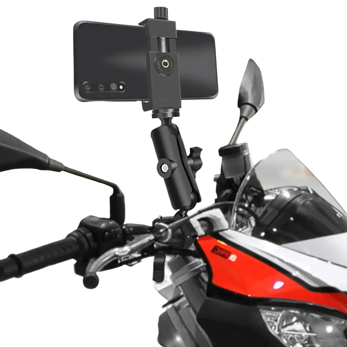 Black adjustable motorcycle phone mount handlebar smartphone holder securely attached to handlebars for easy use