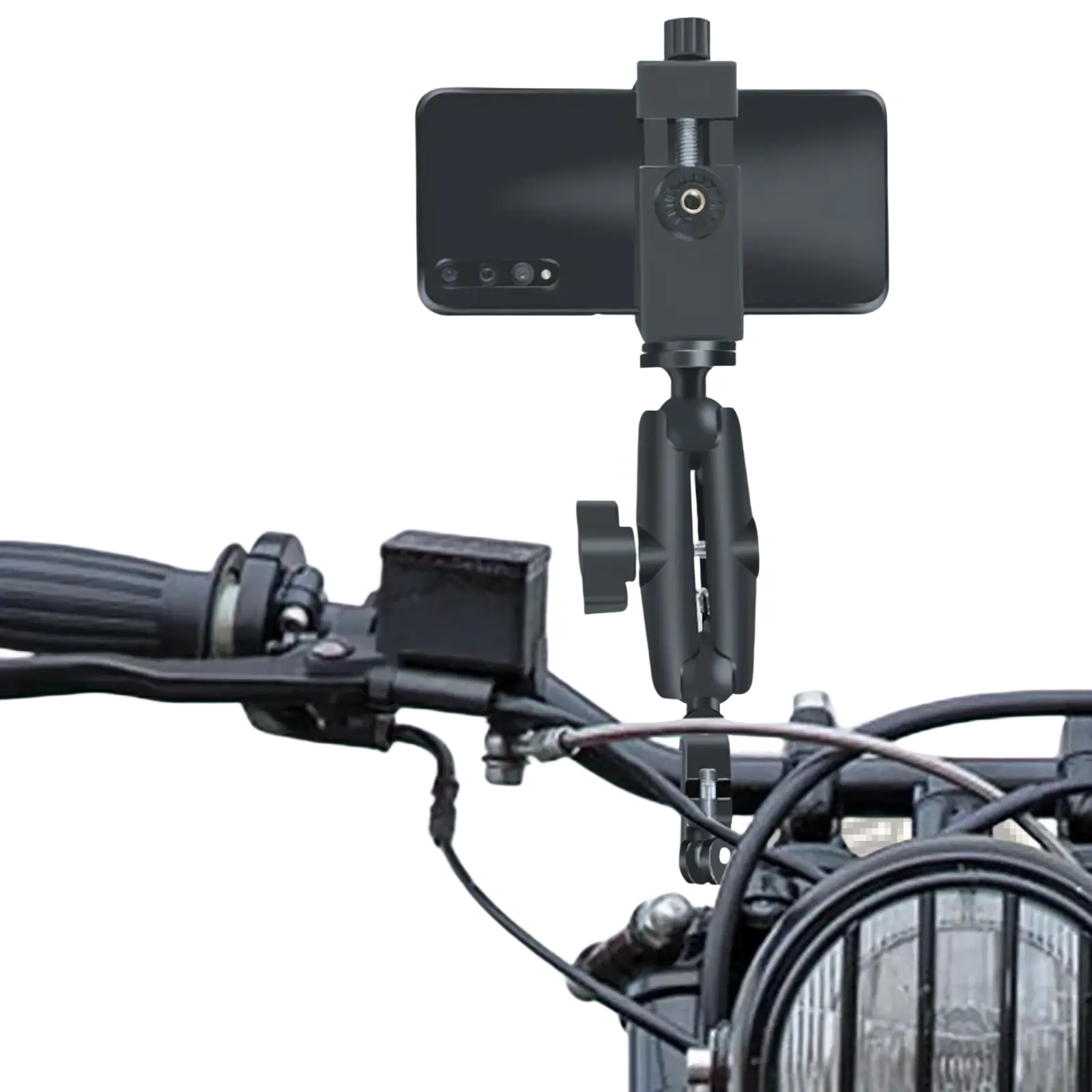 Black smartphone mounted on an adjustable metal motorcycle phone mount handlebar clamp for secure device holding