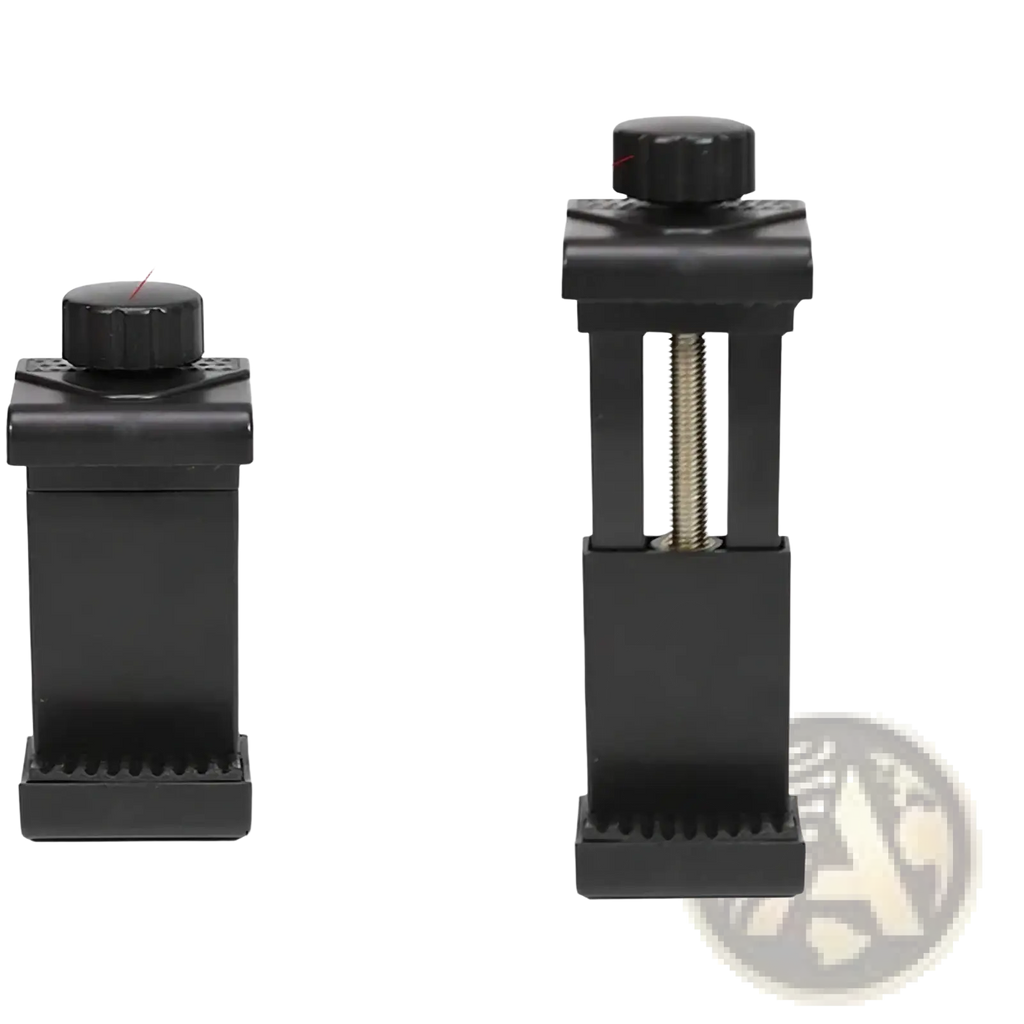 Black plastic motorcycle phone mount handlebar clamp with threaded metal screw for adjustable rotation and secure grip