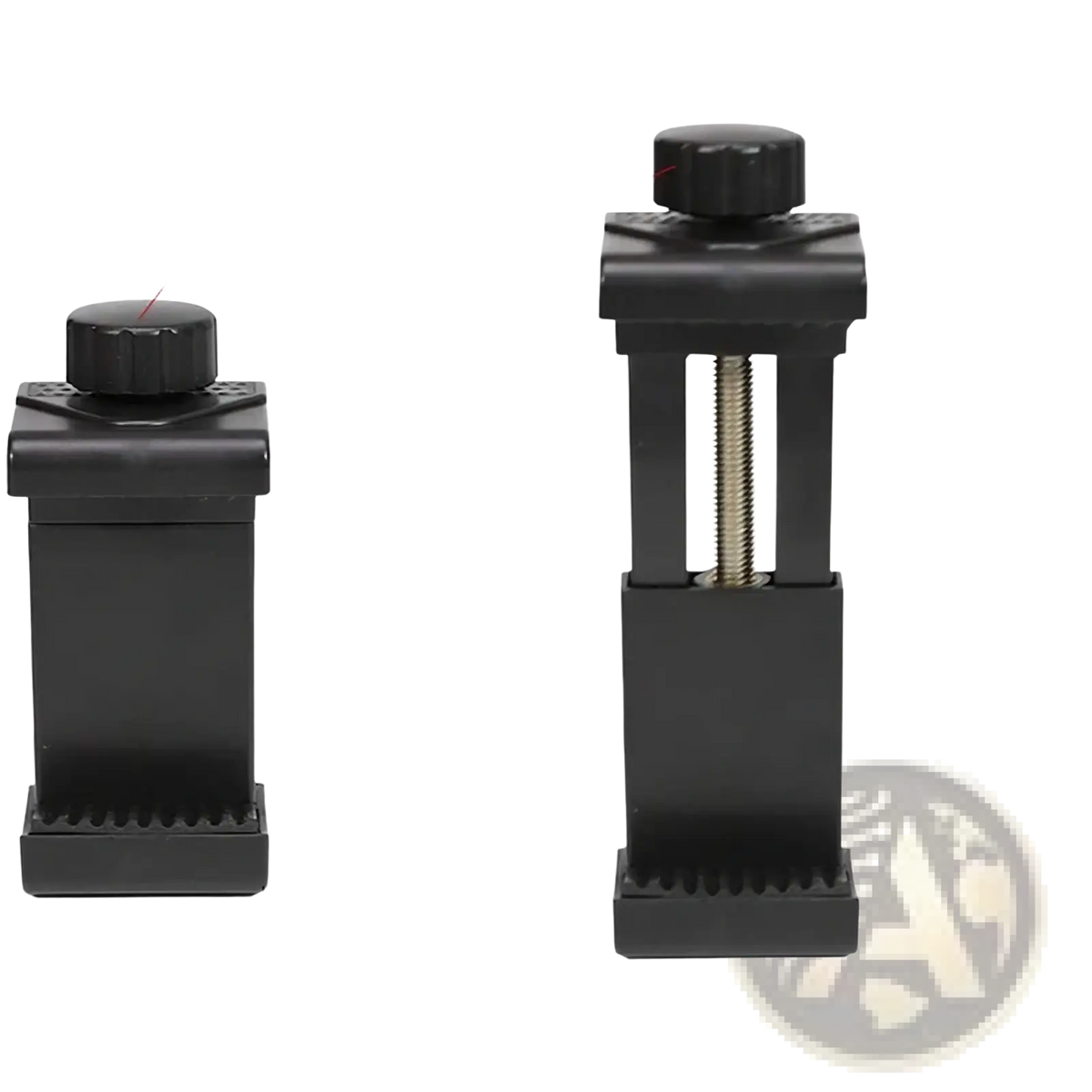 Black plastic motorcycle phone mount handlebar clamp with threaded metal screw for adjustable rotation and secure grip