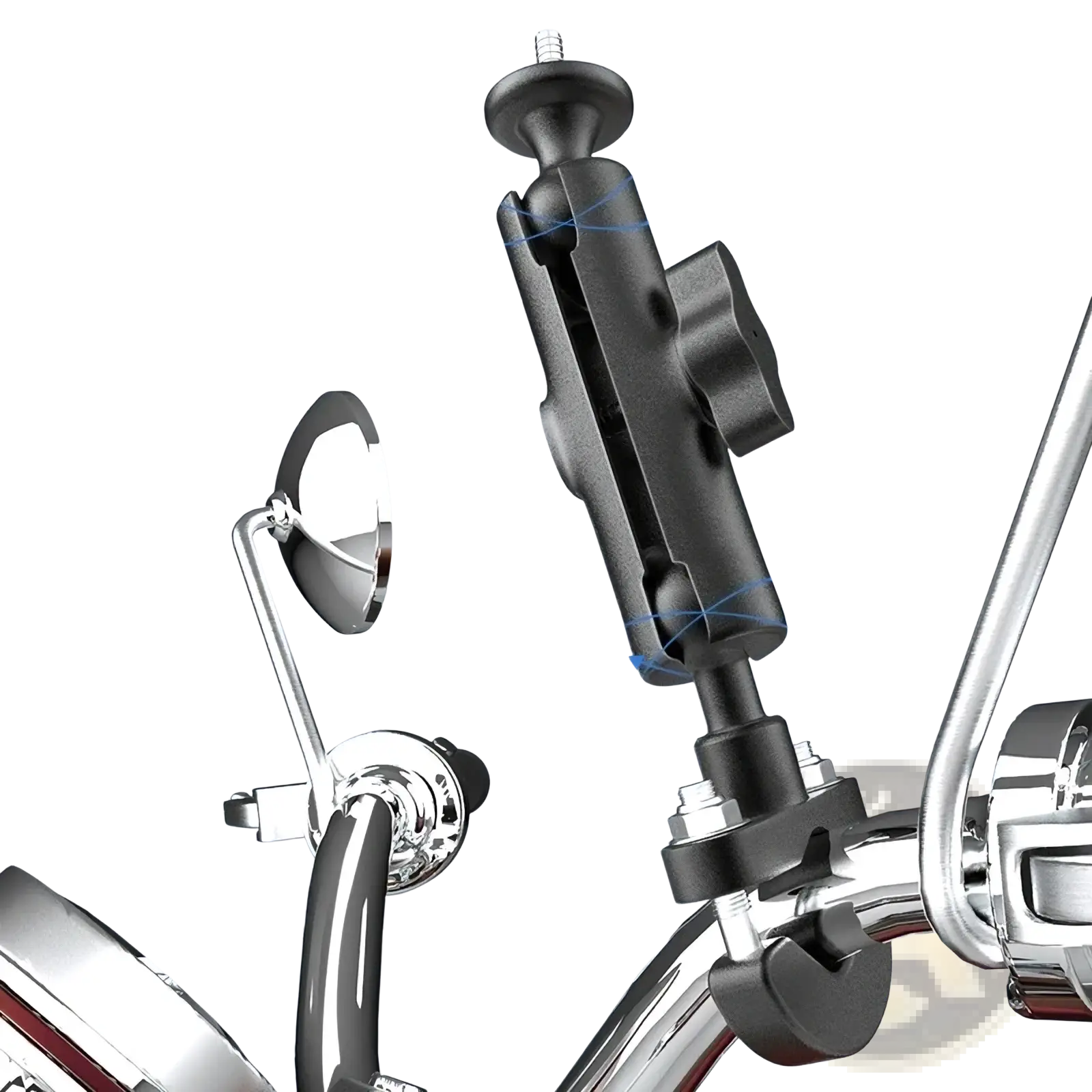 Black universal motorcycle phone mount with adjustable ball joint and clamp for handlebar installation