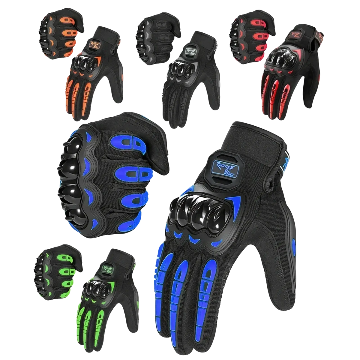 Black motorcycle racing gloves with breathable protective gear, blue accents, reinforced knuckle padding, and racing blue logo patch