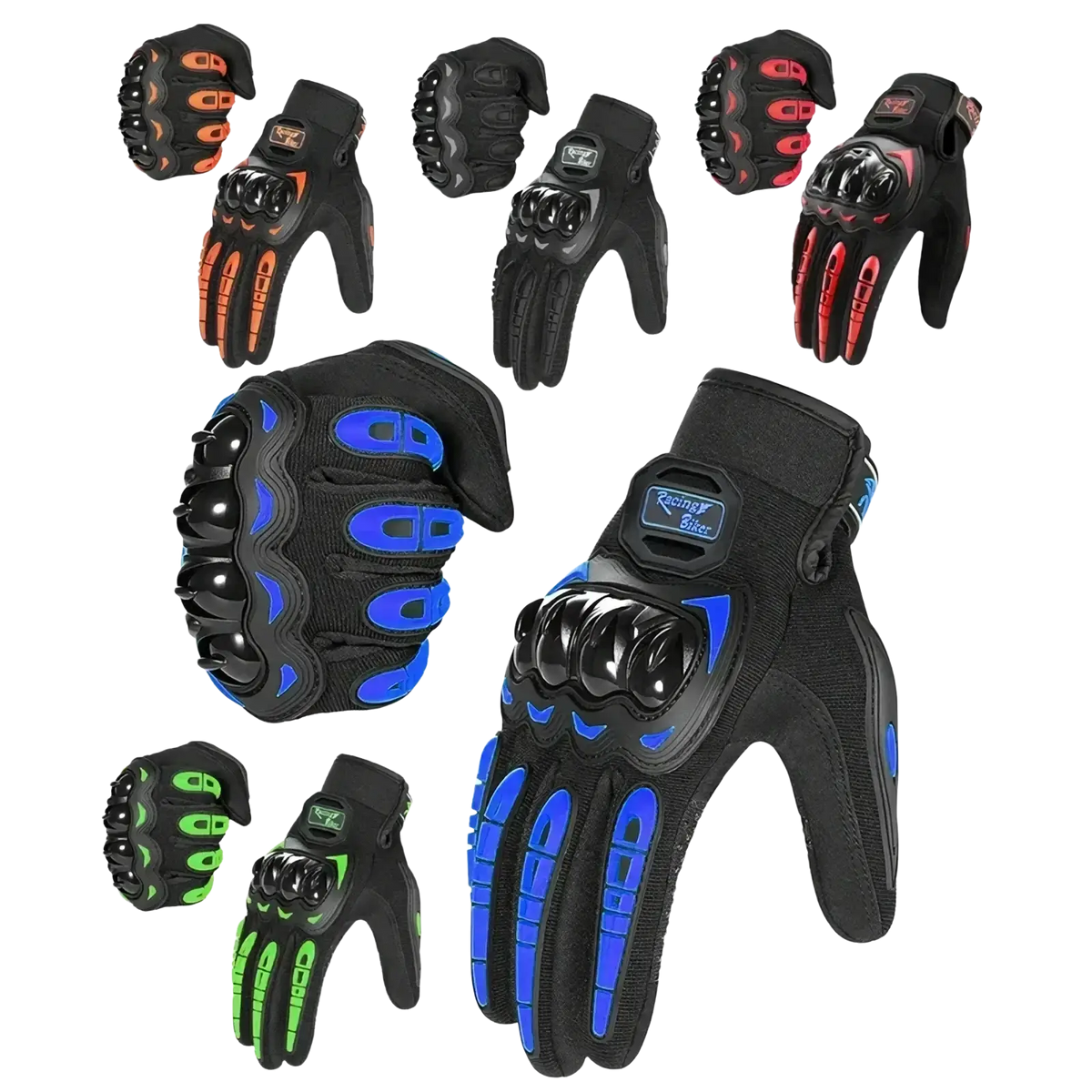 Black motorcycle racing gloves with blue accents and reinforced knuckle padding for breathable protective gear