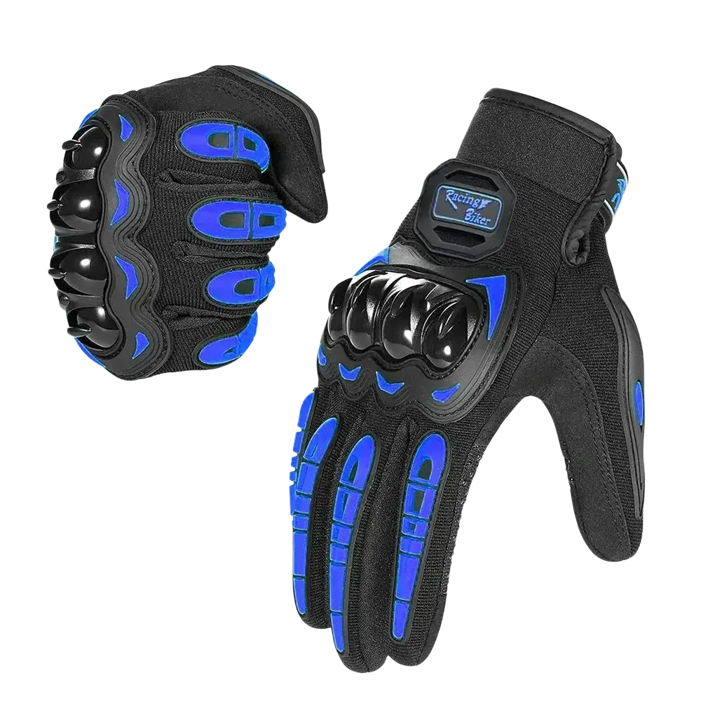 Black and blue motorcycle racing gloves with reinforced knuckle protection and racing bike logo patch on back side
