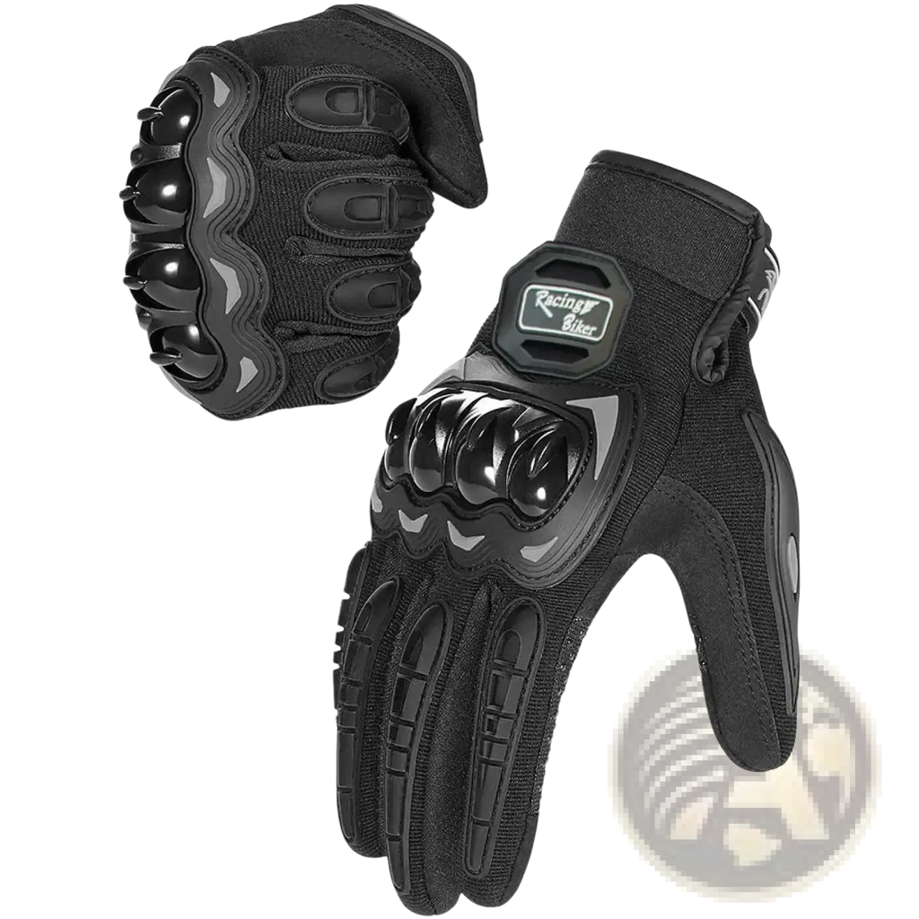 Black breathable motorcycle racing gloves with reinforced knuckle and finger padding shown from the back side