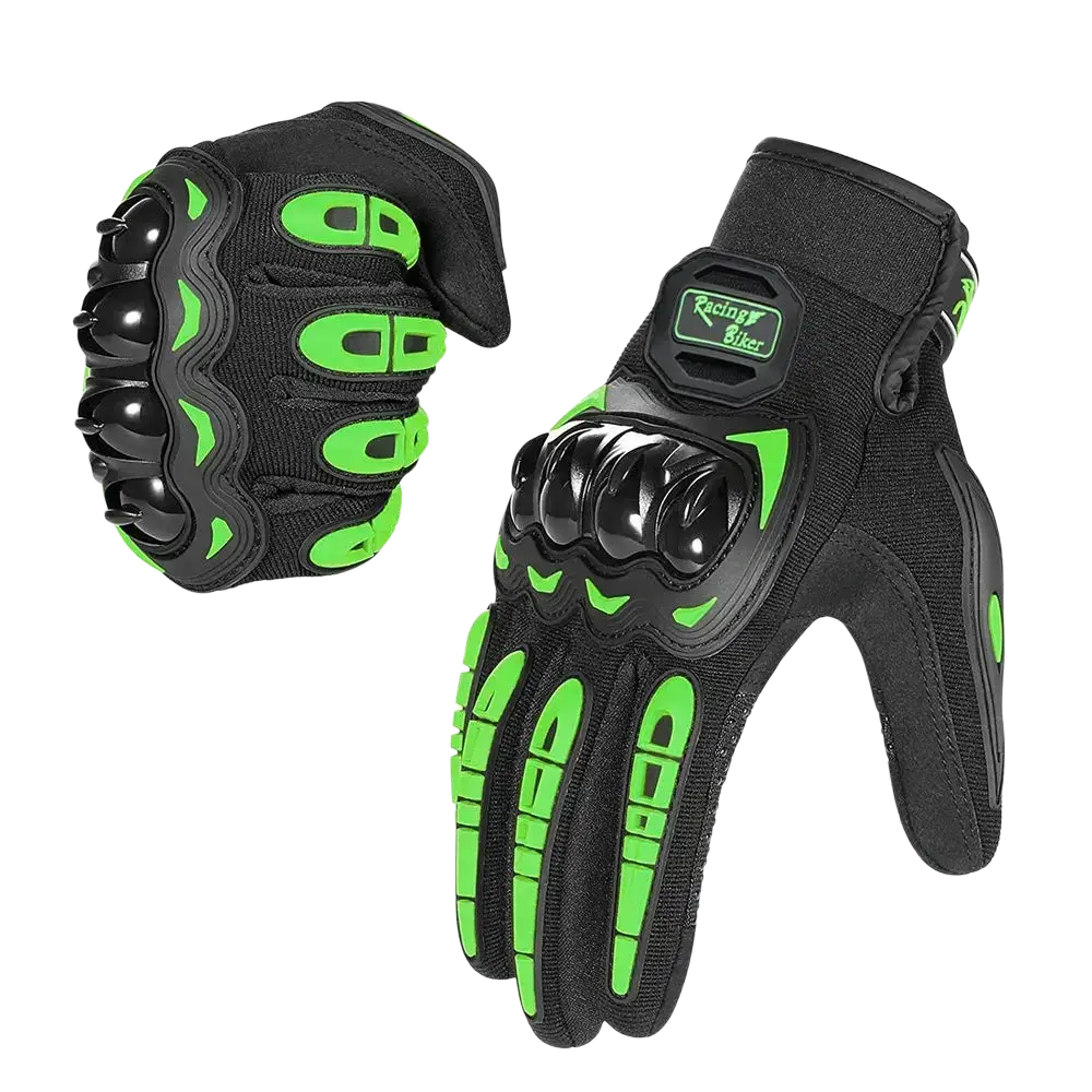 Black and neon green motorcycle racing gloves with reinforced knuckle protection and racing biker logo patch shown from back side