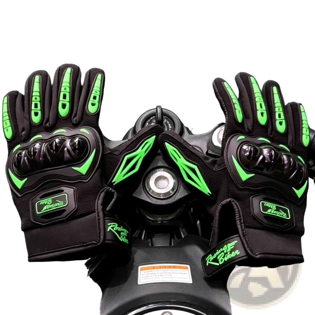 Back side of black and neon green breathable motorcycle racing gloves with reinforced knuckle padding and logo on wrist